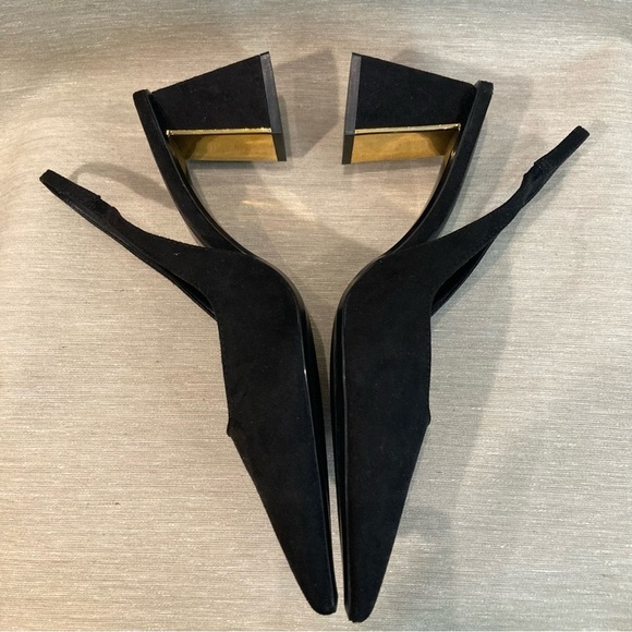 ZARA Sz 40 Pointy Toe  Faux Suede Golden Inside Squarish Heel Slingback Shoes - Picture 5 of 11